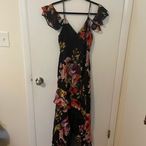 Wedding guest dress, off the shoulder, adjustable straps, high low